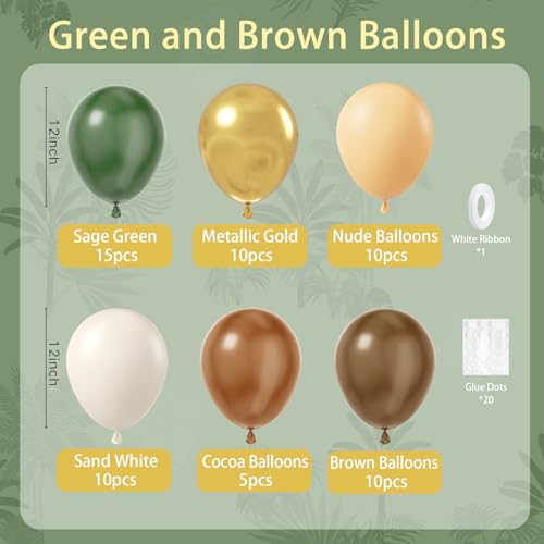 Image of BAUANOOY Green and Brown Balloons, 60pcs 12 Inch Safari Balloons with Sage Green Brown Nude Metallic Gold Latex Balloon for Jungle Forest Baby Shower Birthday Party Decorations