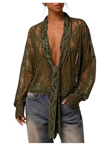 Amazon.com: SOLY HUX Women's Lace Tops Long Sleeve Sheer Mesh Tie
