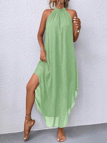 Image of Verdusa Women's Wedding Guest Dress Halter Flowy Chiffon Long Dresses | Cocktail Dress, Asymmetrical Dress for Women, Sleeveless, Prom Dress, Cruise Outfits, Boho