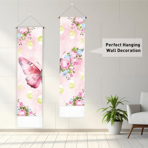 PLIGREAT 2 Pack Pink Butterfly Tapestry Aesthetic Wall Tapestry for Bedroom Bathroom Living Room Vintage Moon Phase Vertical Wall Hanging with Tassel Home Art Decor Housewarming Gift 52"x13"/130x33 cm - Image 3