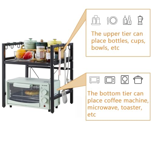 2-Tier Expandable Microwave Oven Rack, Telescopic Kitchen Counter Storage Organizer with 6 Hooks, Free Standing Adjustable Spice Rack, Heavy Duty Microwave Stand Baker's Rack Pot & Pan Rack - Image 4