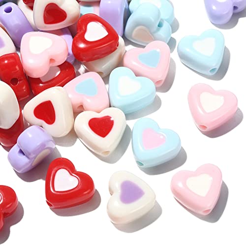 Stiesy 100Pcs Random Color Heart Shape Beads Enamel Heart in Heart Beads Acrylic Candy Color Spacer Beads for DIY Bracelet Necklace Jewelry Making