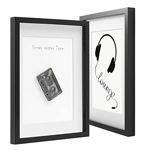PHOTOLINI 2er Set 3D-Bilderrahmen Objektrahmen 50x70 cm 3D-Rahmen Schwarz Modern Tief MDF-Rahmen mit Passepartout u…