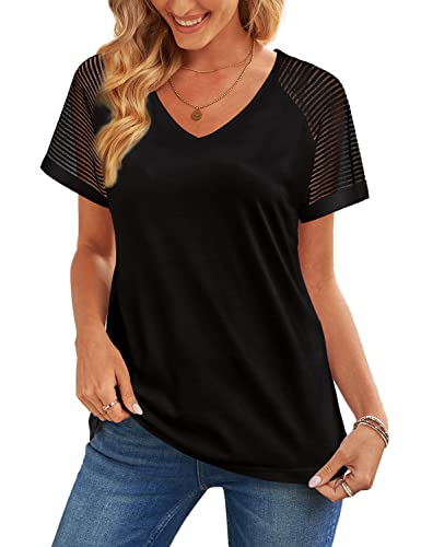 Weeso V Neck T Shirts For Women Patchwork Short Sleeve Soft Tops Basic Tees Dressy Casual L Black #TOP2
