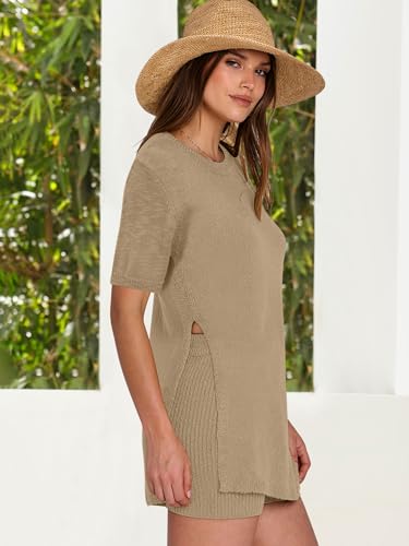ANRABESS Women Summer 2 Piece Outfits Knit Short Sets Casual Sweater Top & Shorts Matching Lounge Set 2025 Beach Clothes Light khaki Small - Image 5
