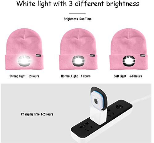 Foto von ATNKE LED Mütze mit Licht,Wiederaufladbare USB 4 LED Beleuchtete Laufmütze Extrem Heller Lampe Winter Warme Gefüttertes Fleece Stricken Mütze für Herren und Damen Geschenke/Pink