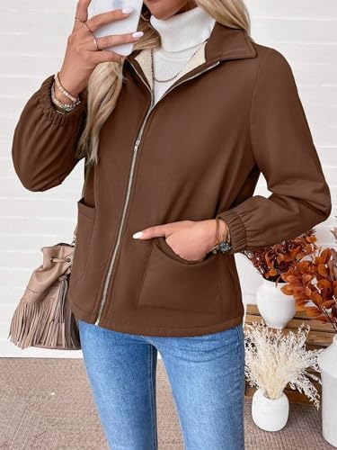 Chic Coffee Brown Womens Fall Winter Jacket with Front Zipper, Long Sleeves, and Cozy Pockets – Perfect for Small Sizes! - Image 5