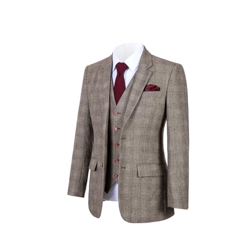 Men Wool Tweed Checked Suit 3 Piece Wedding Party Blazer Vest Pants3