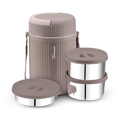 Image of Trueware GRUB 2 Double Wall Insulated Hot Lunch Box with 2 SS Container 300 ML Each & 1 SS Container 200ML | Bpa Free | Food Grade | Hot and Fresh Ma (LBI-GRB-002-Peach BAZ)