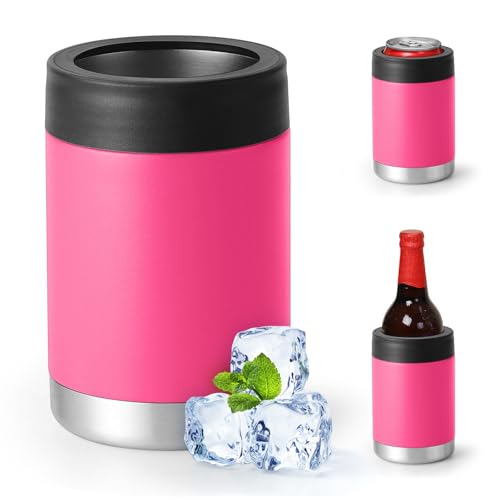 Raffreddatore per lattine di birra normali da 12, 14, 16 g o bottiglie di dimensioni sottili, in acciaio inox, isolamento a doppia parete (coperchio singolo, rosa scuro, 350 ml)