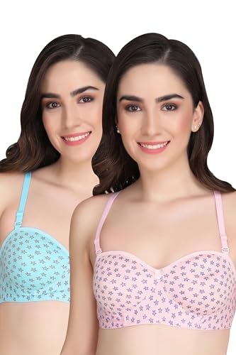 Image of Printed Half Cup Padded Bra - Made of Pure Cotton Full Coverage Non Wired Seamless Pushup Soft Cup for T-Shirt Saree Dress Sports Garment for Daily Use Everyday
