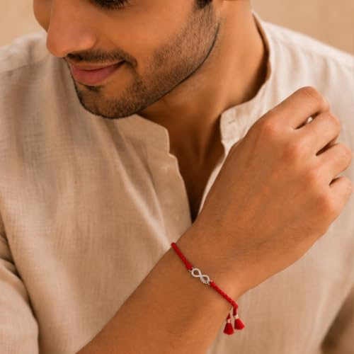 Image of MAIRA 925 Sterling Silver Premium Designer Bracelet Rakhi for Brother | Handmade Raksha Bandhan Sacred Thread with Silver-Tone Geometric Charm & Adjustable Red Braided Cord | Traditional Festival Rakhi Gift (FLOWER)