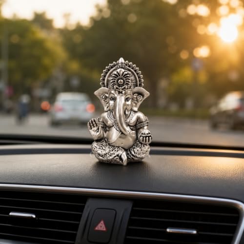 Image of Gold Art India Ganesh Idol 999 Silver Plated Antique Matte | 3 x 2 Inch Ganesha Murti with Peacock Blue Velvet Gift Box | Home Temple, Office Desk & Spiritual Gift
