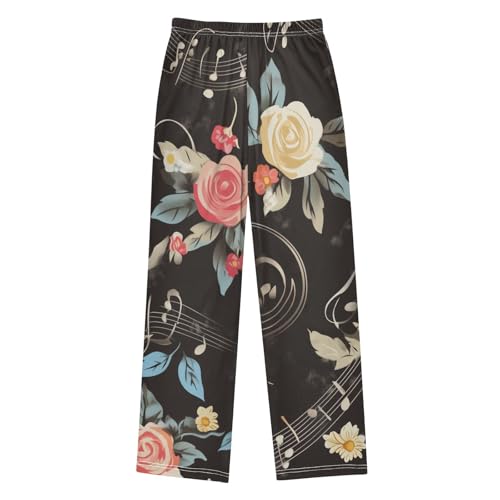 Music Note Rose Floral Boys Long Pants Soft Trousers Elastic Waist Kids Lounge Bottoms with Pockets S-XL2