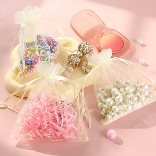 Image of Hopttreely 100pcs Organza Bags, 4''x4.72'' Pastel Yellow Satin Drawstring Organza Pouch Wedding Party Favor Gift Bag Jewelry Watch Bags