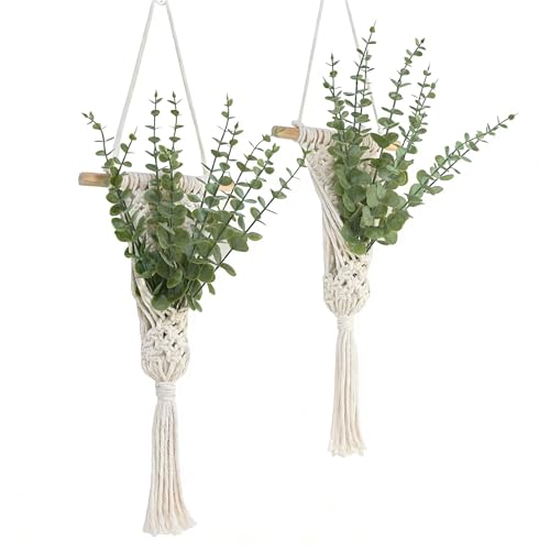 UBOSU Macrame Wall Hanging with Artificial Eucalyptus Plant Boho Wall Decor Green Gray Set of 2