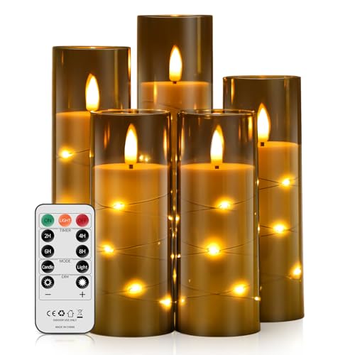 Forever Speed 5PCS Velas LED con Mando a Distancia, Regulable LED Velas Efecto Llama con Cuerdas de Luces Incrustadas Velas Decorativas para La Decoración Casera del Partido - Gris