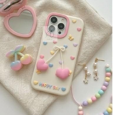 Image of MIDOS Cute 3D Cherry Heart Charm Phone Case for iPhone 14 Pro Max Soft Silicone Protective Cover with Pastel Hearts and Bow Design Girls Case for iPhone 14 Pro Max