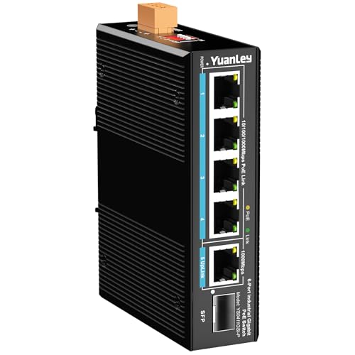 YuanLey 6 Port Industrial Switch with 4 Port PoE Gigabit, 1 1000Mbps Uplink, 1 SFP Port, Unmanaged DIN-Rail PoE Switch, IEEE802.3af/at, 12Gbps Switching Capacity, IP40, VLAN, AI Watchdog, Fanless