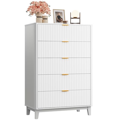 WLIVE Fluted Dresser for Bedroom with 5 Drawers, 46.26 Tall Wooden Dresser with Golden Metal Handles, Mid Century Modern Chest of Drawers for Living Room, Hallway, Closet, Solid White