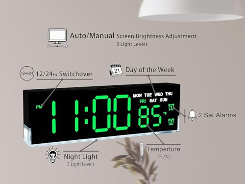Image of Digital Alarm Clock 7 inch LED Display with Dual Alarm, Temperature, Date & Day Display, Adjustable Brightness, Soft Bottom Night Light, Desk /Table Clock for Home & Bedroom