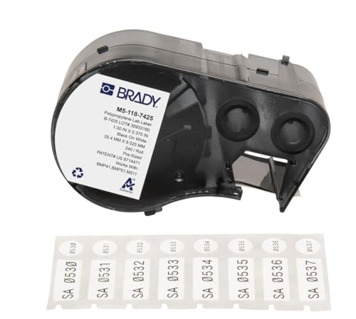 Image of Brady Polypropylene Pre-Sized Labels for Label Printer BMP51 /BMP53 /M511-240 Self Adhesive Printer Labels - Black on White (25,40 mm (W) x 9,53 mm (H) x 9,53 mm (Dia)) - M5-118-7425