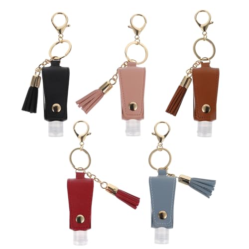 HIAKDOFT 5 Piezas Botella a Prueba de Fugas de Portátil con Llavero de 30ml, Material Pu y Acero Inoxidable Adecuado para Colgar en Bolso o Cochecito