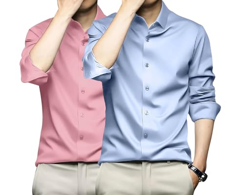 Image of DEELMO Combo of Men's Stylish Solid Satin Casual Shirt for Men Full Sleeves| Poly Satin Silk Shirt Pack of 2