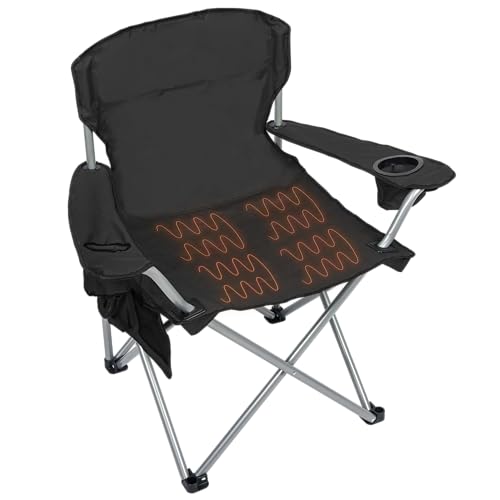 CAMP & GO Heavy-Duty Heated Wide Quad Camping Chair, Folding Heated Chair with 18-Inch USB Cable, Storage Compartment, and Cup Holders, Weight Capacity of 500 lbs., Black