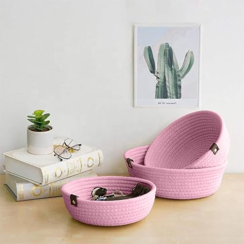 Image of 100% Natural Jute small box mini rope paper storage Round hamper baby nursery tray bucket for Living Kitchen, Office, Drawing Room,fruits, kitchen, office, Set of 3 (PINK)