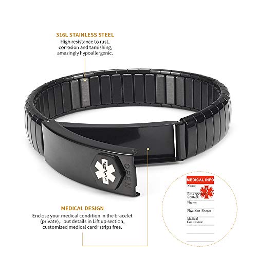 Medical Alert Bracelet for Men Women, Stainless Steel Personalized Adjustable Elastic Medical ID Bracelet for Diabetes, Allergies, Epilepsy, Penicillin, Writeable Cards3