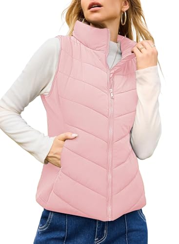 Dokotoo Women's Outerwear Vests Womens Fall Fashion 2025 Stand Collar Casual Zip Up Vest Sleeveless Outerwear Jacket Winter Coats for Women Pink Quilted Vest with Pockets Medium