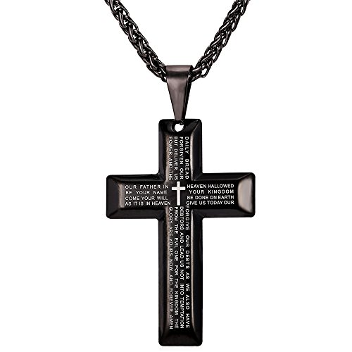 U7 Black Cross Necklace Engraved Lords Prayer Words Faith Jewelry for Men Women Black Stainless Steel Rope Chain Pendant