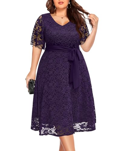Plus Size Dresses for Wedding Guest Purple Cocktail Lace Semi Formal Graduation Midi Bridesmaid Plum Party Summer Dress