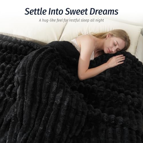 Image of Fleece Weighted Blanket for Adults 60 inch x 80 inch 15lbs Striped Blankets, Black | Soft Queen Size Sherpa Weighted Blankets with Glass Bead Filling, Plush 3D Striped Heavy Throw Blanket for Bed and Couch
