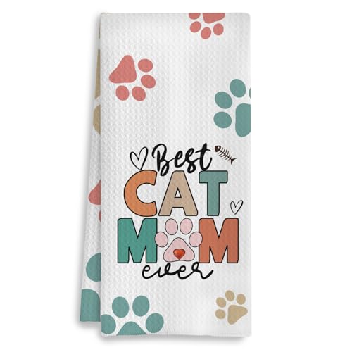 COWEB Best Cat Mom Ever Kitchen Towels, Cat Mom Lady Lover Gifts for Women, Cute Kitty Kitten Paw Decorative Dish Tea Hand Towels for Kitchen Bathroom, 16x24 Inches(Style C)