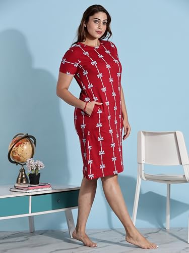 Image of 9shines Label Hosiery Cotton Knee Length Short Night Dress | Short Nighty for Women with Pocket | Graphic Print Nightwear | Night Gown for Women (M-7XL)