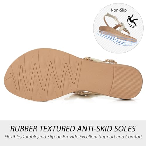 Image of iCKER Women Rhinestone Sandals T-Strap Buckle Bohemian Pearl Crystal Flat Sandals