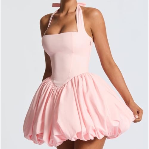 Image of Women's Y2K Sexy Halter Corset Mini Dress Backless Corset Bubble Ruched Waist Club Party Dresses