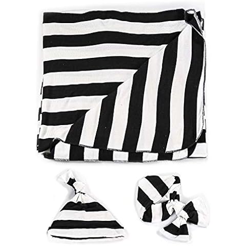 BabyOdda Coming Home Swaddle Set for New Born Baby's Includes Receiving Blanket (46" x 46 "), Beanie, and Headband ( 3 Piece Set) - Off White with Black Stripes ( 1 inch ) - Made in The USA Cover