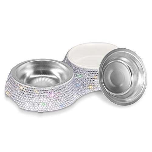 SAVORI Small Dog Bowls, Handmade Bling Rhinestones Stainless Steel Pet Bowls Double Food Water Feeder for Puppy Cats Dogs Cats (Silver-320ml)