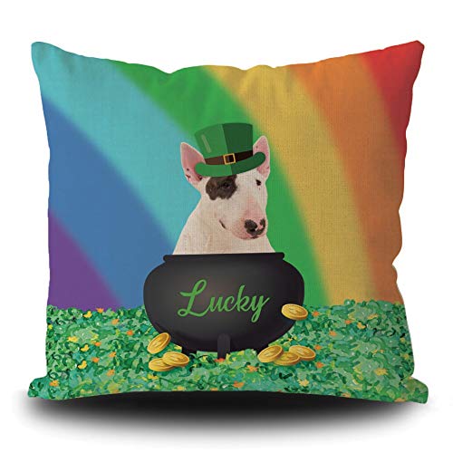 BAGEYOU Happy St. Patrick's Day Shamrock Decor Pillow Cover with Lucky Bull Terrier Dog in Green Hat Rainbow Golden Decorative Square Linen Throw Cushion Case 16 x 16 Inch Pillowcase