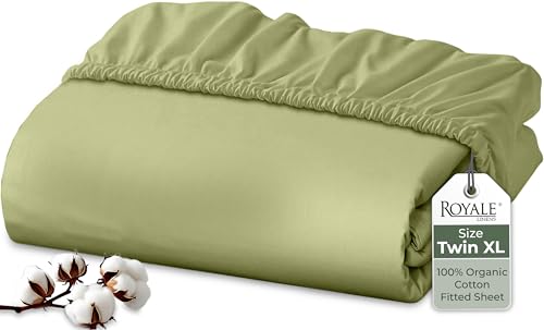 Image of Royale Linens 100% Organic Cotton Fitted Sheet - Percale Weave - Super Soft Deep Pocket Bottom Sheets - Sage Green Elastic Sheet Twin XL Size - Twin XL Fitted Sheets Only - (39 inchx80 inch+15 inch, Sage Green)