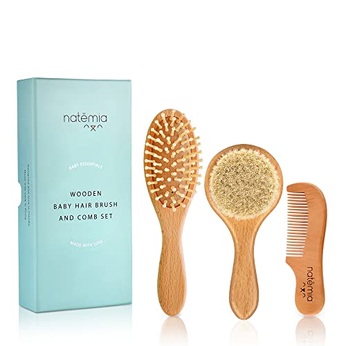 Image of Natemia Wooden Baby Hair Brush Set for Newborns & Toddlers - Natural Soft Bristles - Ideal for Cradle Cap - Perfect Baby Registry Gift