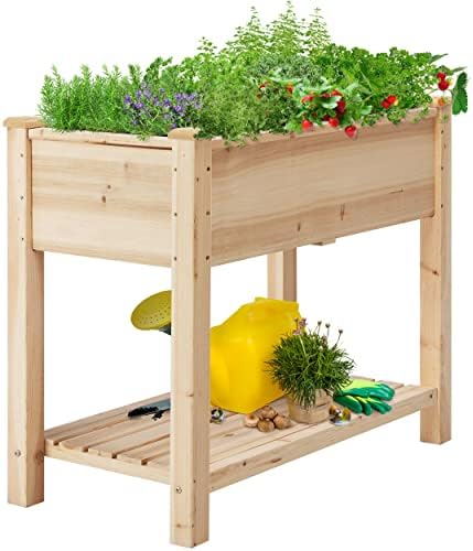 Yaheetech Raised Garden Bed Planter Box with Legs & Storage Shelf Wooden Elevated Vegetable Growing Bed for Flower/Herb/Backyard/Patio/Balcony 34x18x30in