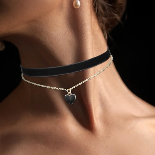 HJZHII Choker Kette Damen,29.5-36.5cm Halsband Damen Schmuck,Choker Halsband Schwarz Rot Samt Halskette Klassische Samt Herz Geschichtet Verstellbare Damen Schmuck für Mädchen Gothic Kette 90er Deko