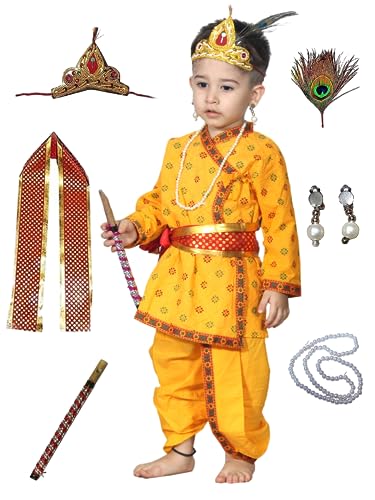 Image of Kaku Fancy Dresses Krishna Costume for Kids, Baby Krishna Dress for Janmashtami, Bal Krishna Dhoti Set, Krishnaleela Costume, Infant Bal Gopal, Krishna Fancy Dress Costume for Boys /Girls