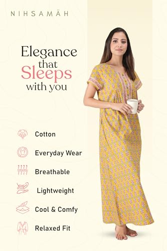 Image of NIHSAMAH Cotton Nighty for Women with Pocket, Premium Printed Long Nighty | Comfortable & Fancy Sleepwear /Nightwear