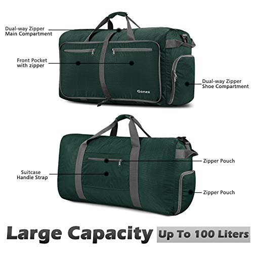 Gonex 100L Foldable Travel Duffle Bag, Extra Large Luggage Duffel with shoes compartment Blackish green