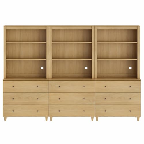 Image of WAMPAT 71 inch Tall Bookcase with 9 Drawers & Open Shelves, 3 Column Modern 3-Tier Bookshelf with Adjustable Shelf, 106 inch Wide Wooden Display Book Shelf for Home Office, Living Room, Bedroom, Oak
